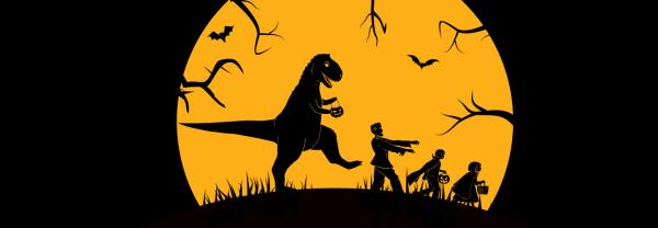 Majungasaurus chasing characters in costumes