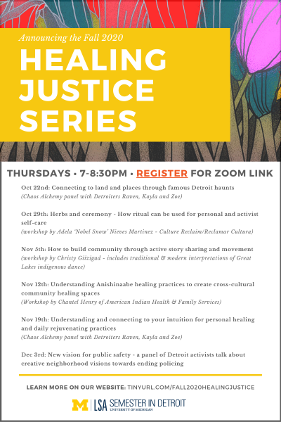 Poster including titles for each of the Healing Justice sessions this fall