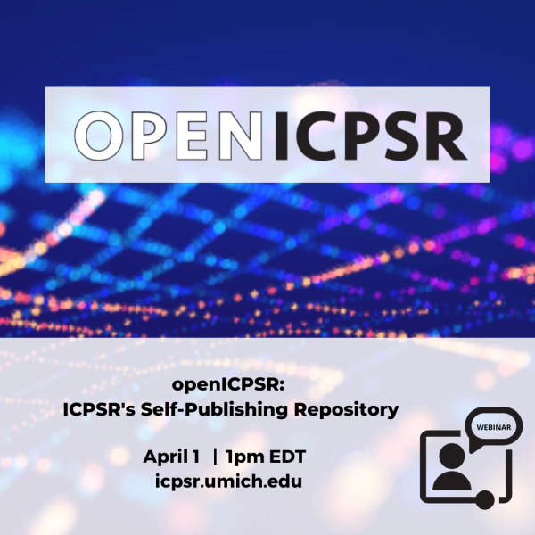Blue image with bright dots behind announcement of openICPSR webinar