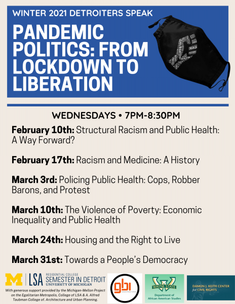 Event title and session titles with blue accent colors and an image of a face mask with a fist made up of racial justice words on it