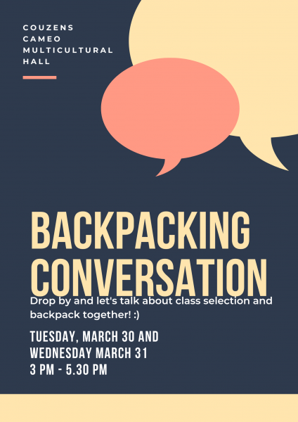 Flyer sharing information about program discussing backpacking.