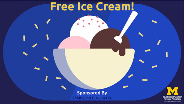 Bowl of ice cream that says Free Ice Cream! above it and Sponsored By JPMorgan Chase & Co underneath