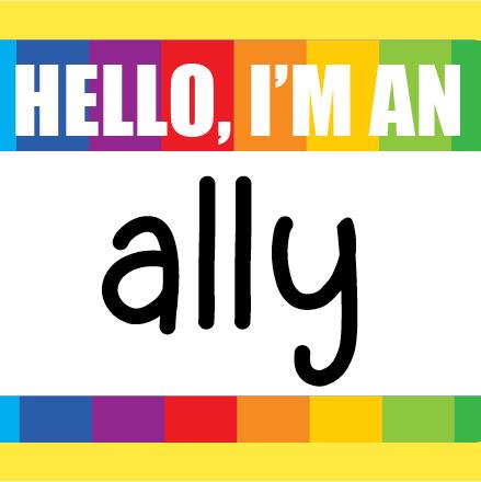 Hello I am an Ally name tag with a rainbow header