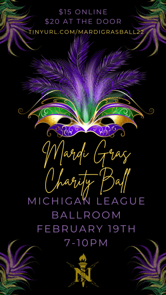 This image is on a black background with four purple, green, and gold feathers in each corner. At the top of the image are the words $15 online $20 dollars at the door, https://www.eventbrite.com/e/mardi-gras-charity-ball-tickets-260597452997. Below this is a purple, green, and gold mardi gas mask with feathers at the top. Below the mask are the words Mardi Gras Charity Ball in gold. Below this are the words Michigan League Ballroom February 19th 7-10pm in purple. At the bottom of the image is the logo for the National Society of Black Engineers.