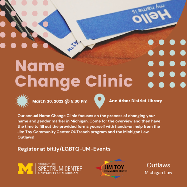 Event details, summary of the event, and logos of the three hosts: the Spectrum Center, Jim Toy Community Center, and UM Law Outlaws.
