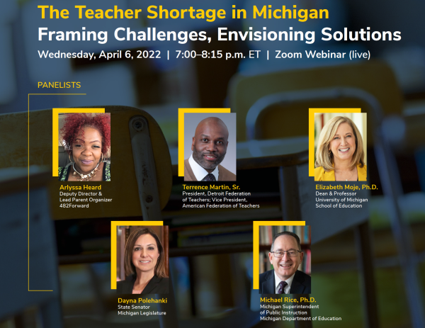 Title of the event with photos of 5 panelists