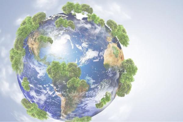 Globe of the earth with 3-D trees sprouting from it.