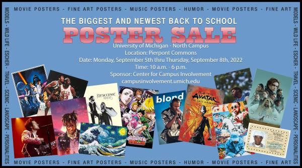 Poster sale graphic with event location, dates, times, and sponsor
