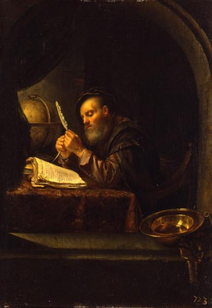A scholar sharpening his quill in his study