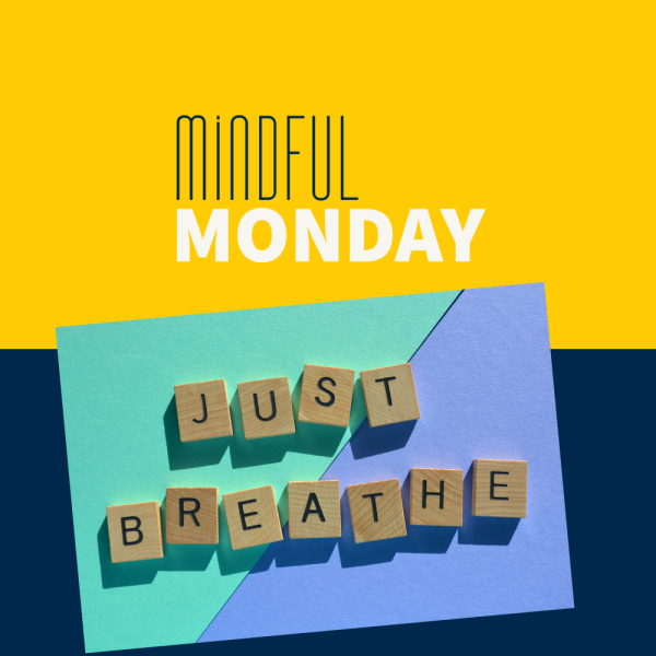scrabble letters that read just breathe on yellow and blue back ground
