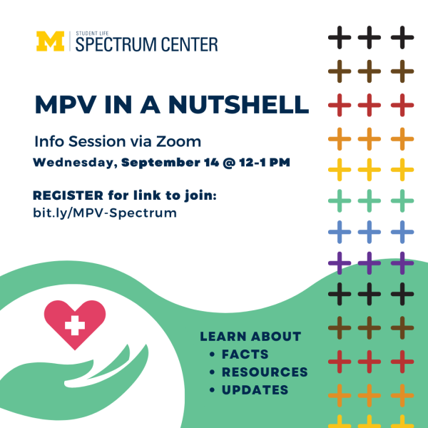 White and light green flyer with a graphic of a hand holding a heart with a medical badge and a strip of rainbow plus signs along the right side. It is entitled "MPV in a Nutshell: Info Session." It includes the date and time of the event, which is Wednesday, September 14 from 12-1pm EST. It directs folks to register for the Zoom link to join at bit.ly/MPV-Spectrum. There is text at the bottom saying "Learn about facts, resources, updates."