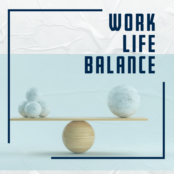 Image of a wooden plank on top of a ball with two balls balancing on either side. Text reads: Work Life Balance