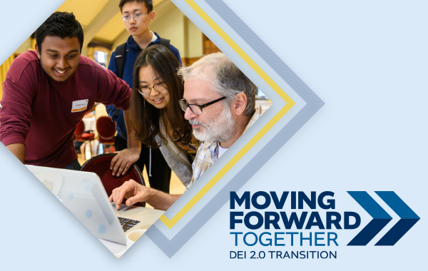 Four people together looking toward a laptop with a logo stating Moving Forward Together, DEI 2.0 Transition