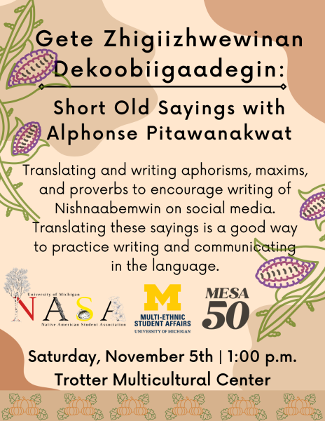 Graphic design of three pumpkins at the bottom of the flier, and vines and corns graphic design around the flier encircle a brief description of the event