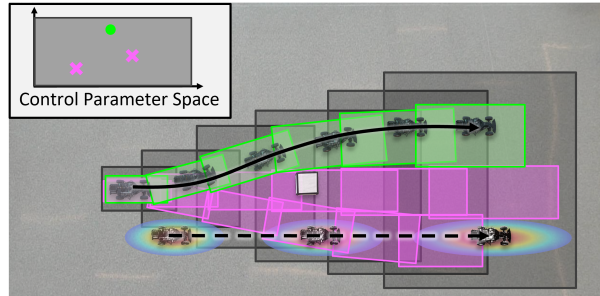 Two vehicles maneuver around an obstacle