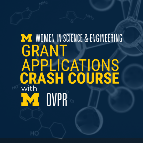 chemistry photo background with event title, "Grant applications crash course with M-OVPR"