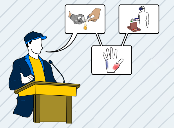 Illustration of Michael showing a speech bubble, inside of which a prosthetic hand cracks open an egg, followed by a hand with blue markings on the left and red markings on the right, followed by a prosthetic hand user sorting blocks while wearing VR.
