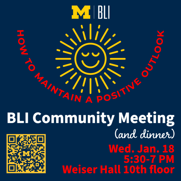 Blue square with a yellow sun shine, How to Maintain a Positive Outlook in red text. yellow QR code for registration.