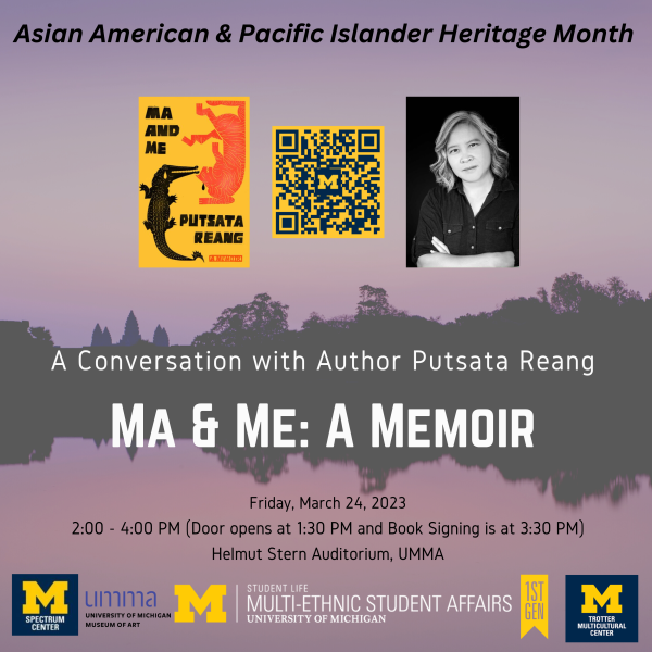 A silhouette of Cambodia's famous Angkor Wat temple with writing of the title of the event: A Conversation with Author Putsata Reang. On top, there is a picture of the book cover on the left, a QR code for registration in the middle, and the picture of the author to the right.