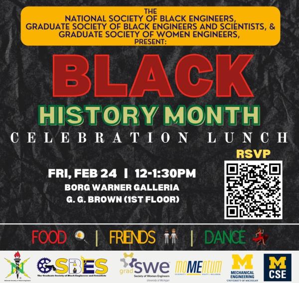 Event flyer for Black History Month Celebration Lunch on February 24th at 12-1:30 PM in Borg Warner Galleria.