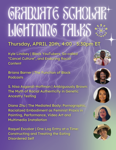 A purple background with lightning striking. "Graduate Scholar Lightning talks" in illuminated white text at the top. Yellow text below that reads the names of the scholars with their talk titles. Their headshots are to the right.