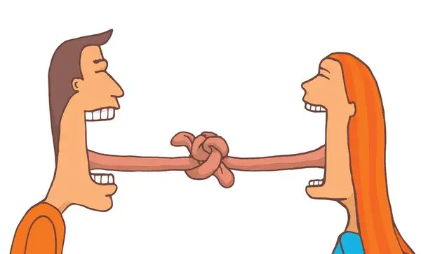 two people with mouths agape, their tongues knotted together