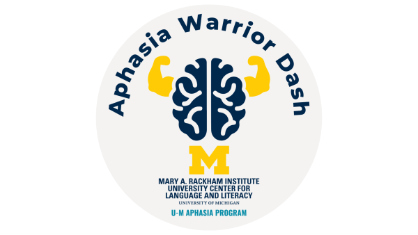 Logo of the aphasia warrior dash. Has text in a circle, with a brain having muscular arms.