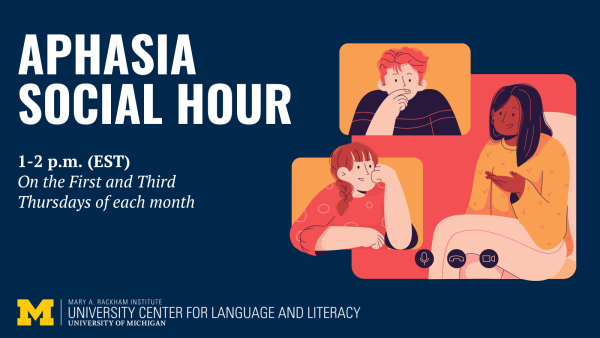 Image with event information, and two illustrations of two people talking via a computer.