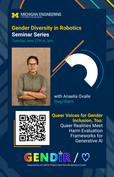 Poster with blue background and abstract shapes. Picture of Anaelia Ovalle with a QR code to this event page, the talk title, and talk date.