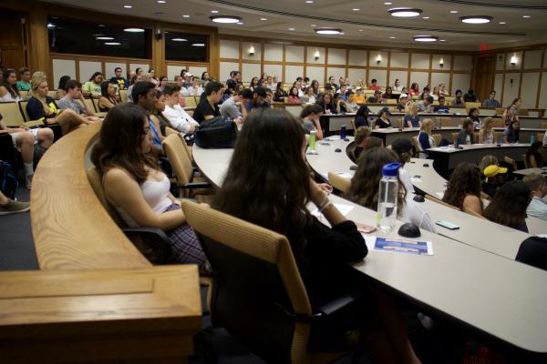 large lecture room full of students