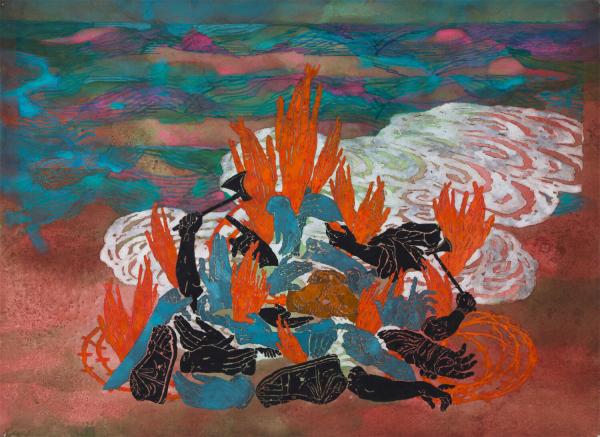 Jim Cogswell, Pyre, 2020: stenciled red, blue, and black hands and feet are arranged in a pile over barbed wire. The red hands appear to be flames, with white curls of smoke rising from the group.