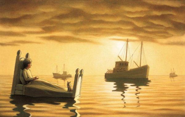 In this illustration, a child floats on a bed near ships on a body of water. The sun emerges from clouds, bathing the scene in golden light.