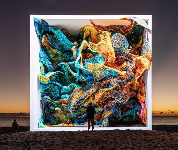 A human figure is silhouetted behind a large abstract image seeming to appear at the water's edge.