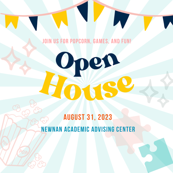 Blue and white striped background with pennant flags in maize and blue across the top. Open House in large letters in the middle with popcorn and puzzle pieces in the corners.