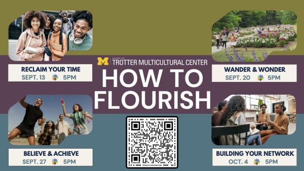 Flourish flyer with 4 events with date, location, and time. 1 picture of college students smiling. 1 picture of students blowing bubbles. 1 picture of a flower garden. 1 picture of 4 students sitting and talking.