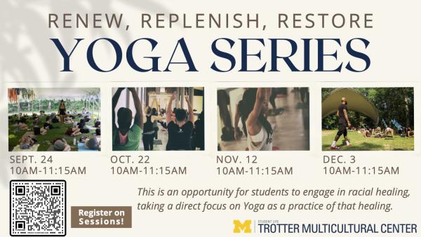 RRR Yoga flyer with 4 photos. 1 of a group of people doing yoga outside, 1 of women doing yoga inside, 1 of a Black woman doing yoga, and 1 of a group of people doing yoba outside. With event date, location, and time.