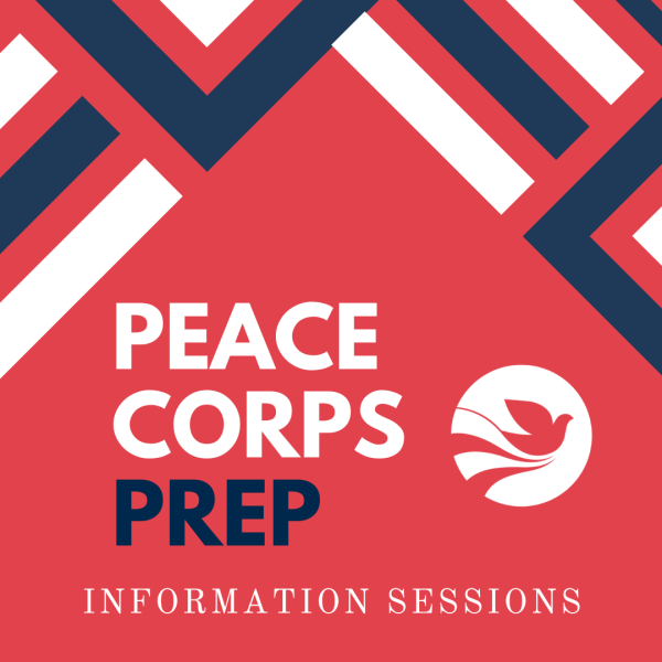 Red, Blue, and White Graphic that reads "Peace Corps Prep Information Sessions"