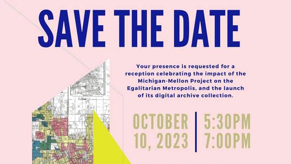 Pink background with blue text, Save the Date, October 10, 2023, 5:30 to 7:00 PM