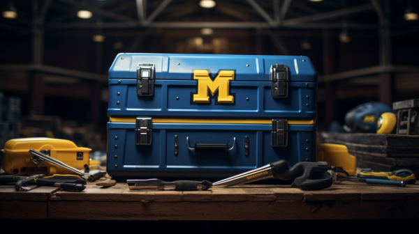 A blue toolbox with a U-M logo