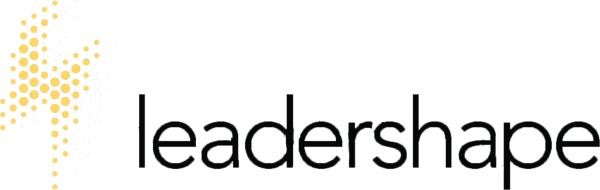 a lightning bolt with the word "leadershape" in black