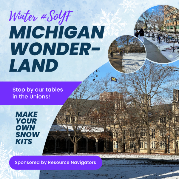 Winter blue and purple background with white snowflakes drift around three photos of campus--Law Quad, sidewalk by LSA Bldg, and sidewalk by Hatcher.