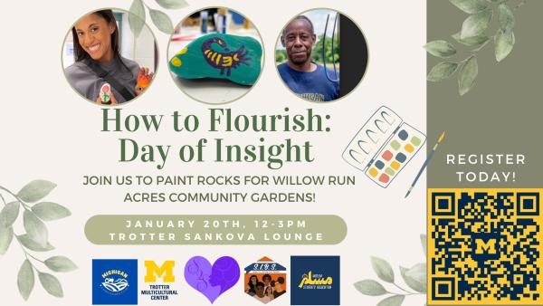 Event Title and details with three photos. 1 photo of Black woman holding up two painted rocks. 2nd photo of a blue-green painted rock with a sankofa image on it. 3rd photo with Black man and a pitch fork on a farm.
