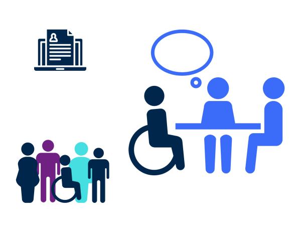 Resume on a laptop, group of job applicants, and a job applicant in a wheelchair being interviewed at a table by two other people.