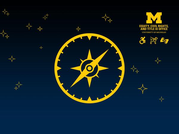 Compass surrounded by stars, block M logo for Equity, Civil Rights, and Title IX Office logo