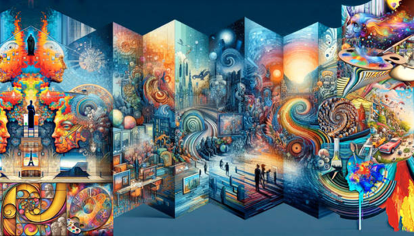 AI-generated image, blue and orange geometric abstract mural