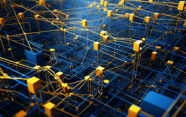 AI-generated image, blue and yellow network of lines and cubes