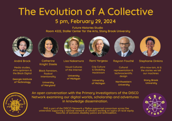 Brown event poster with headshots of the six DISCO Network Principal Investigators and logos of Future Histories Studio and the DISCO Network.