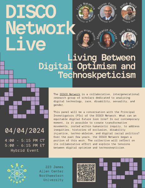 Blue, black, and beige event flier with purple grid squares. The flier includes headshots of the six speakers, the DISCO Network logo, and the event date, location, and description.
