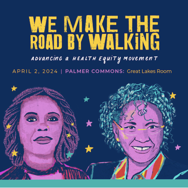 Symposium title with illustrations of Dr. Chandra Ford and Dr. Camara Phyllis Jones, keynote speakers