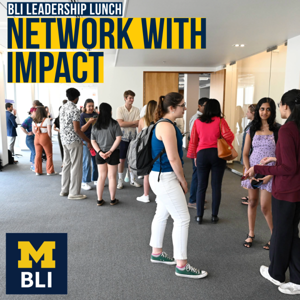 image of BLI students standing and talking at an event. dark blue text with yellow backdrop: NETWORK WITH IMPACT